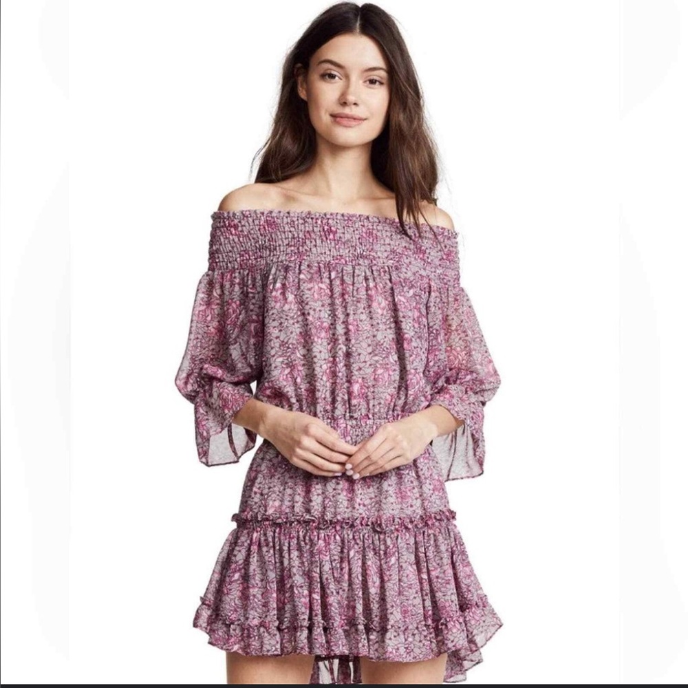 Misa Los Angeles Castellar Ruffle Pink Floral Off the Shoulder Mini Dress Large